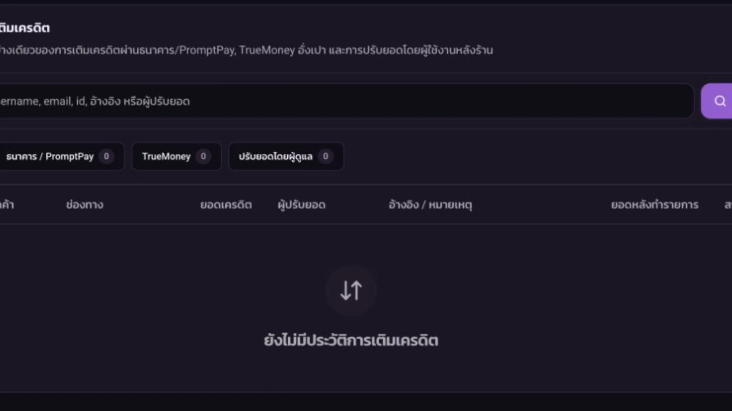 ตารางประวัติการเติมเครดิต พร้อมแท็บกรองช่องทาง
